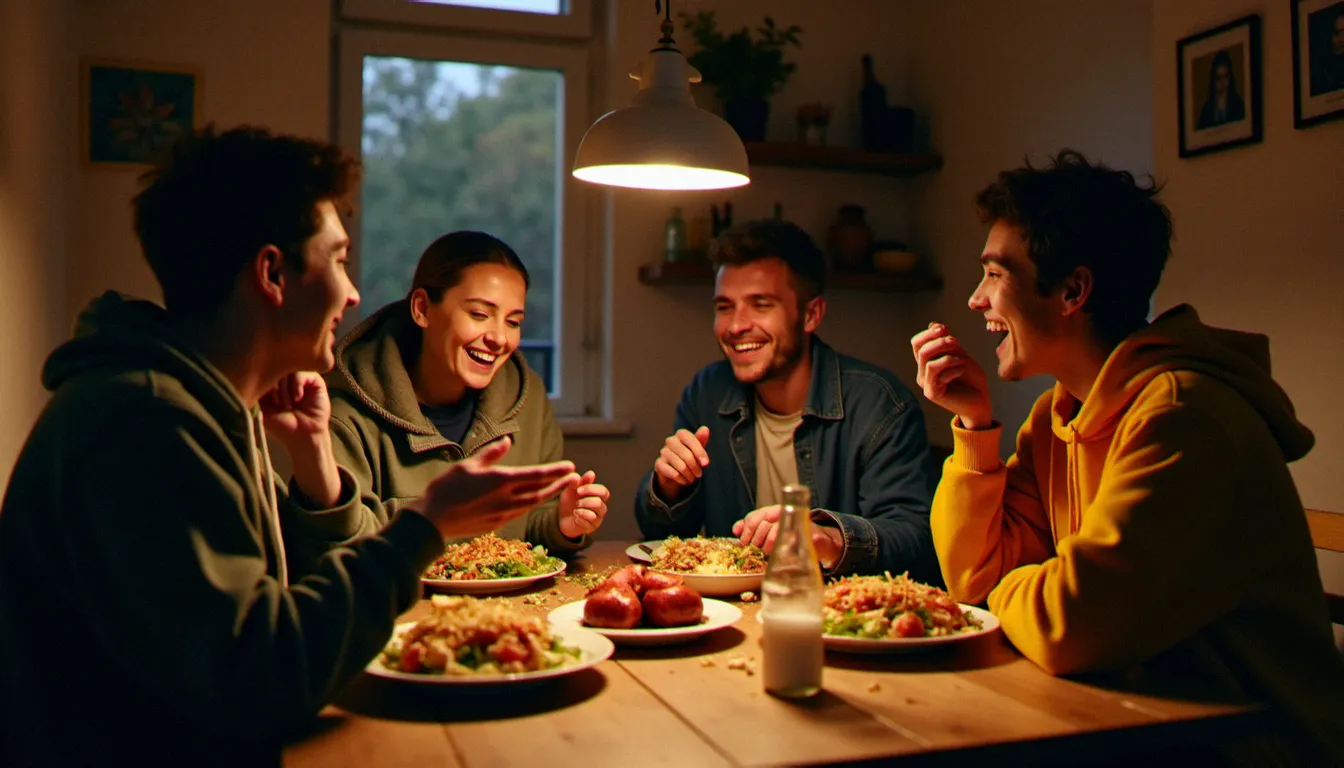 Groupe de volontaires européens ESC partageant un repas dans leur logement partagé, illustrant la vie quotidienne et les liens humains tissés durant une mission