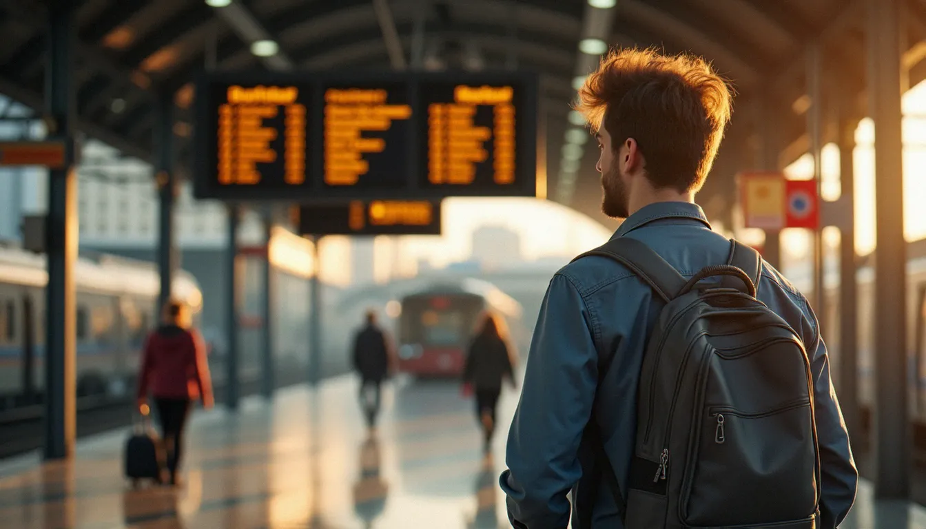 Jeune volontaire européen avec sac à dos dans une gare européenne, prêt à partir pour sa mission de volontariat européen
