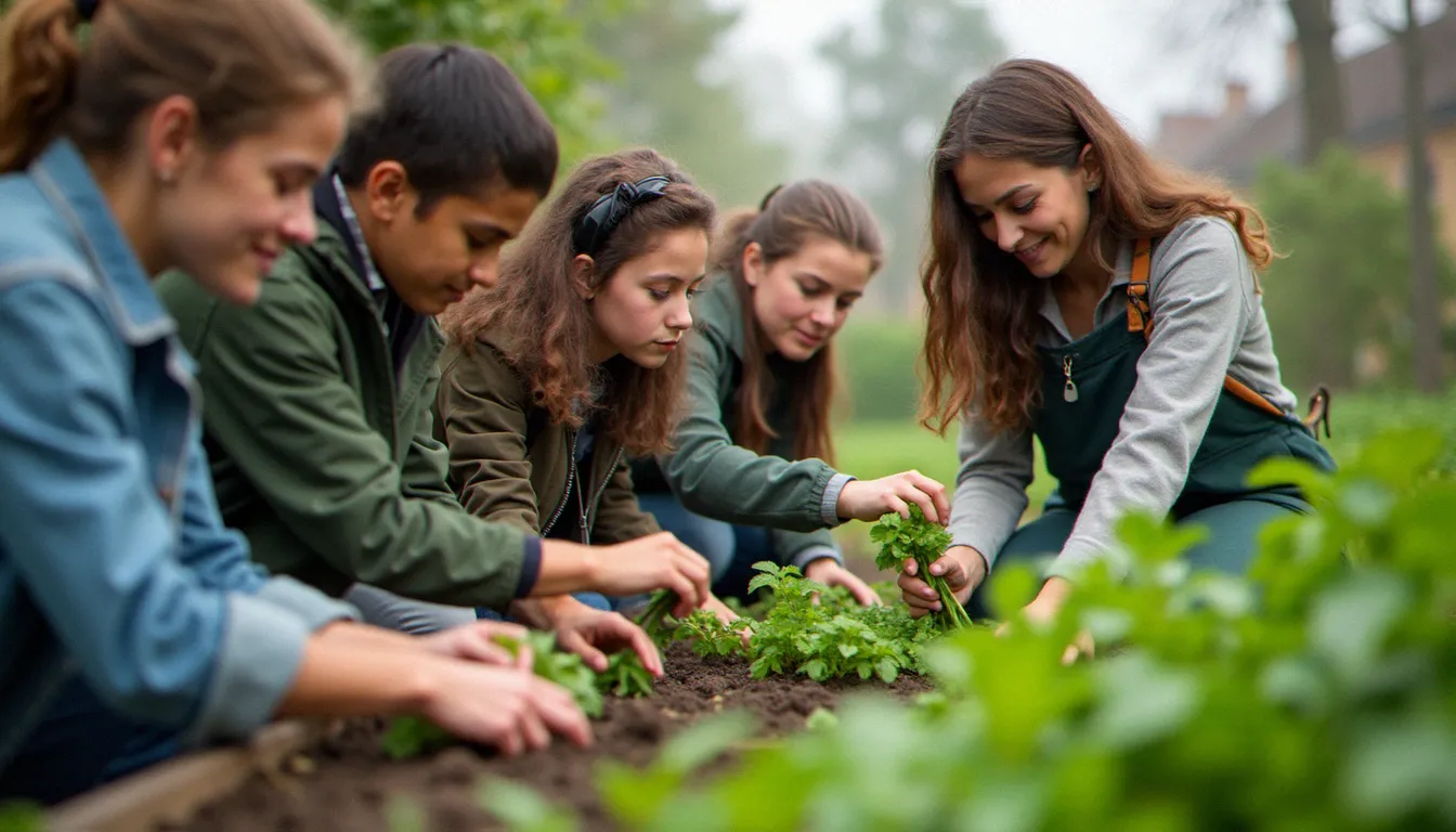 Groupe de jeunes volontaires européens travaillant ensemble dans un jardin communautaire urbain, mission de volontariat européen en action