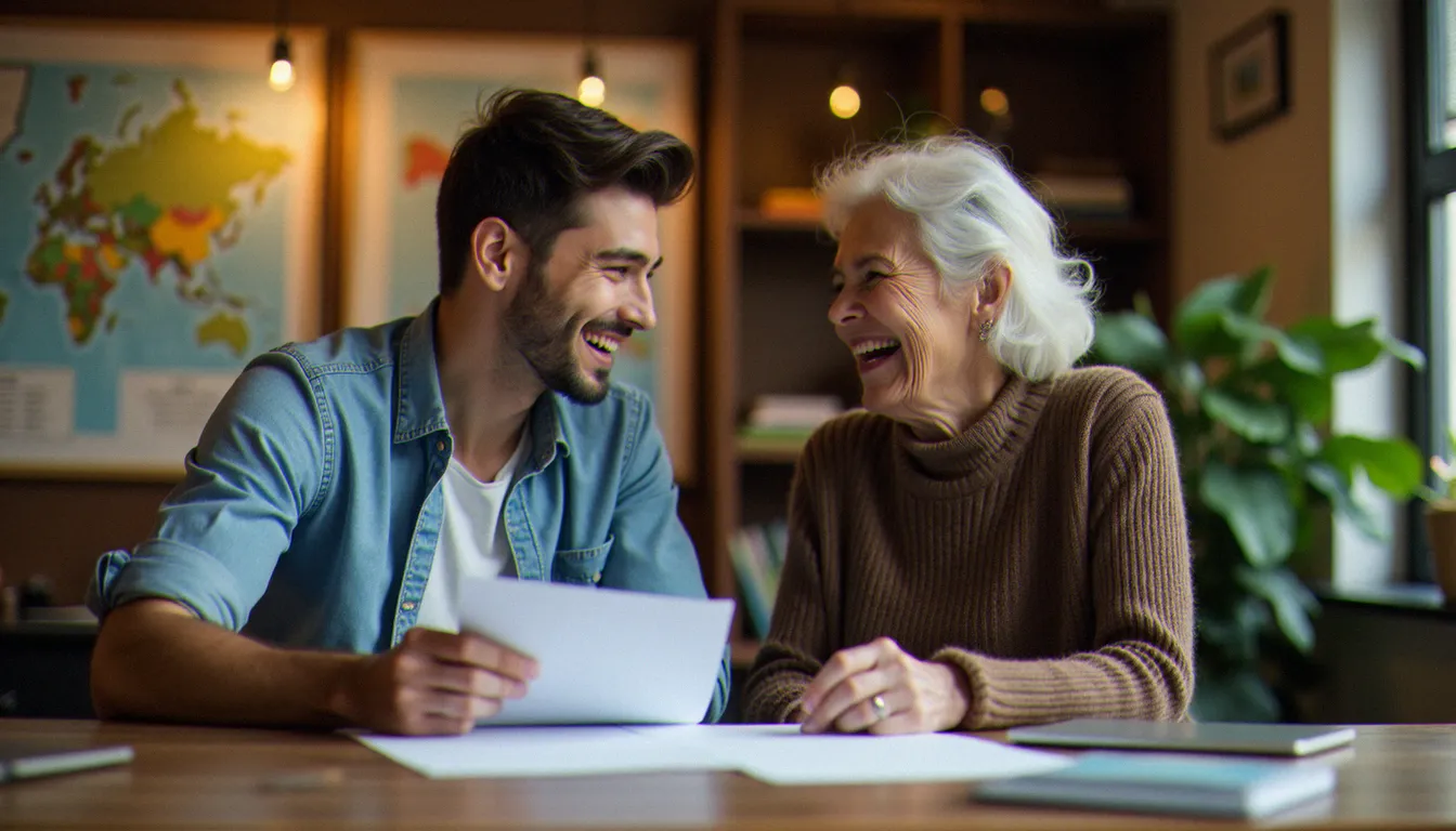 Jeune volontaire européen échangeant avec une habitante locale dans les locaux d'une association, illustration d'une candidature aboutie à une offre de volontariat européen