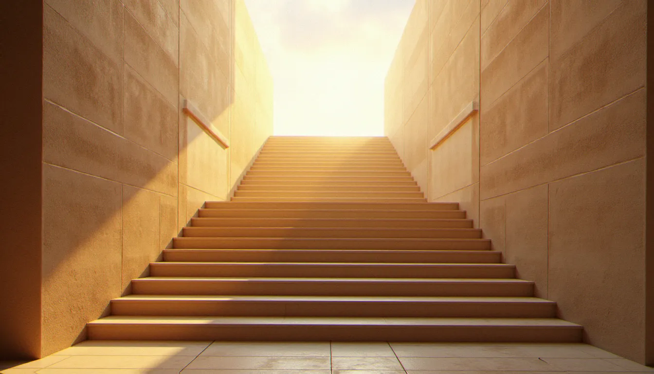 Escalier de pierre ascendant vers la lumière, illustrant la hiérarchie des besoins selon Abraham Maslow