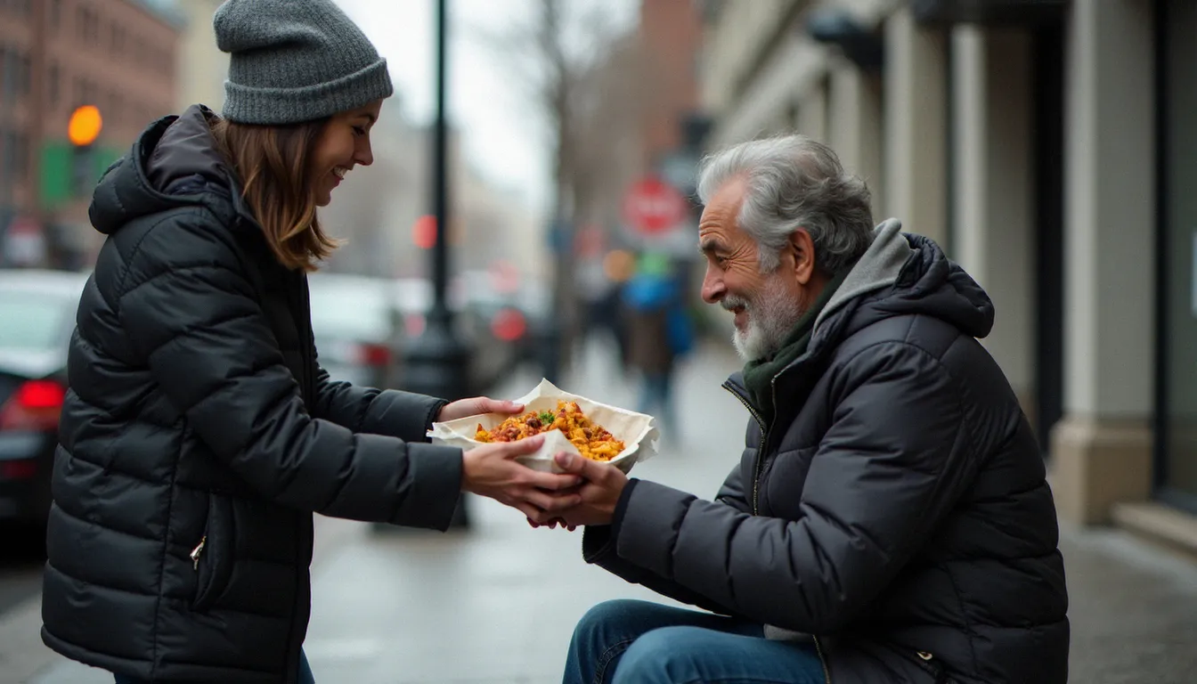 Bénévole offrant un repas chaud à une personne sans abri dans une rue de ville, incarnant le besoin d'appartenance décrit par Abraham Maslow