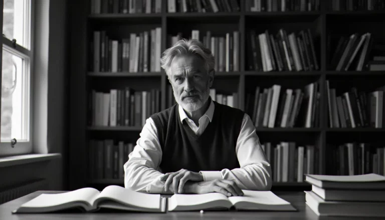 Portrait d'un homme pensif assis à un bureau couvert de livres ouverts, évoquant la réflexion d'Abraham Maslow sur la nature humaine