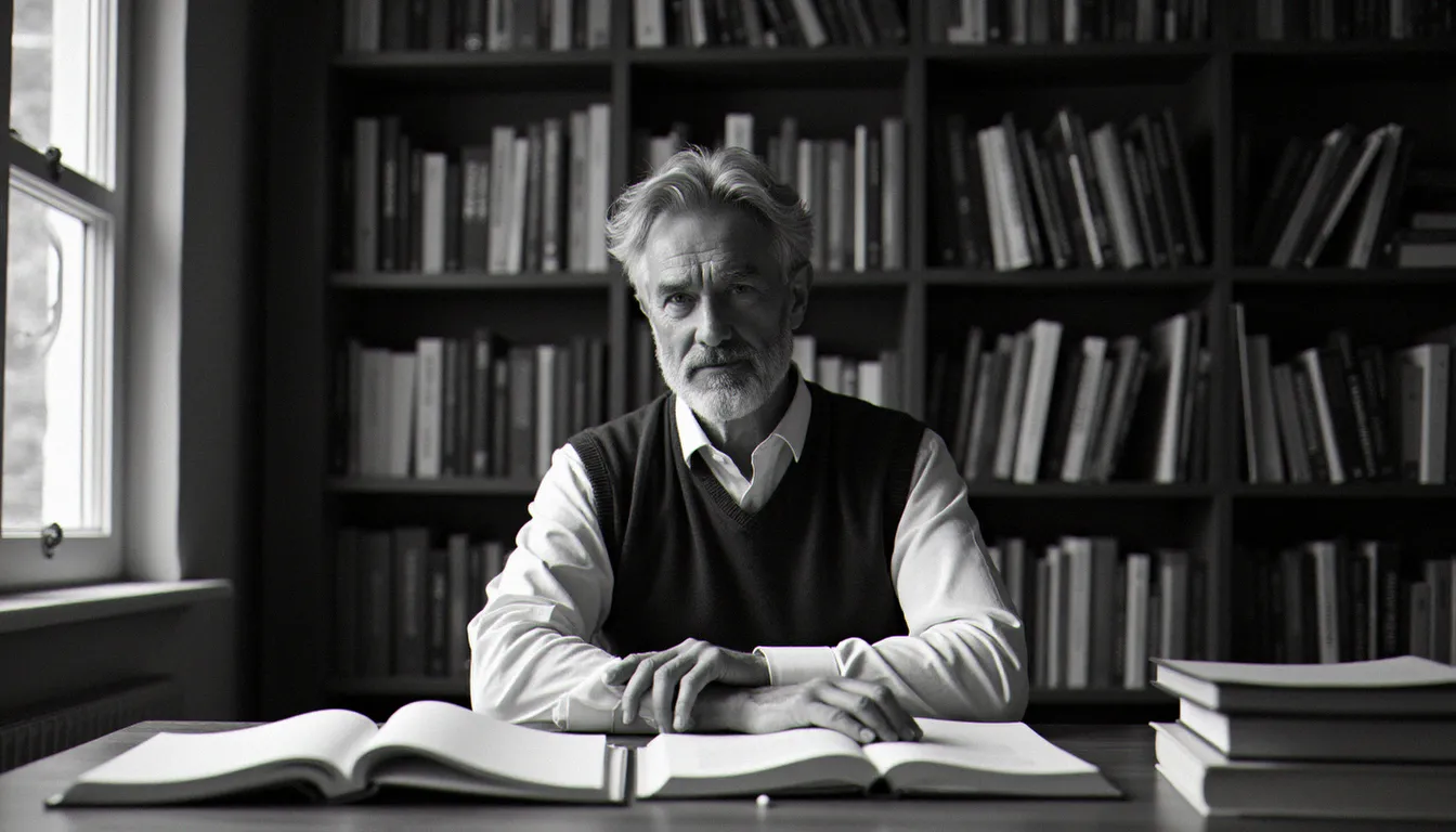 Portrait d'un homme pensif assis à un bureau couvert de livres ouverts, évoquant la réflexion d'Abraham Maslow sur la nature humaine