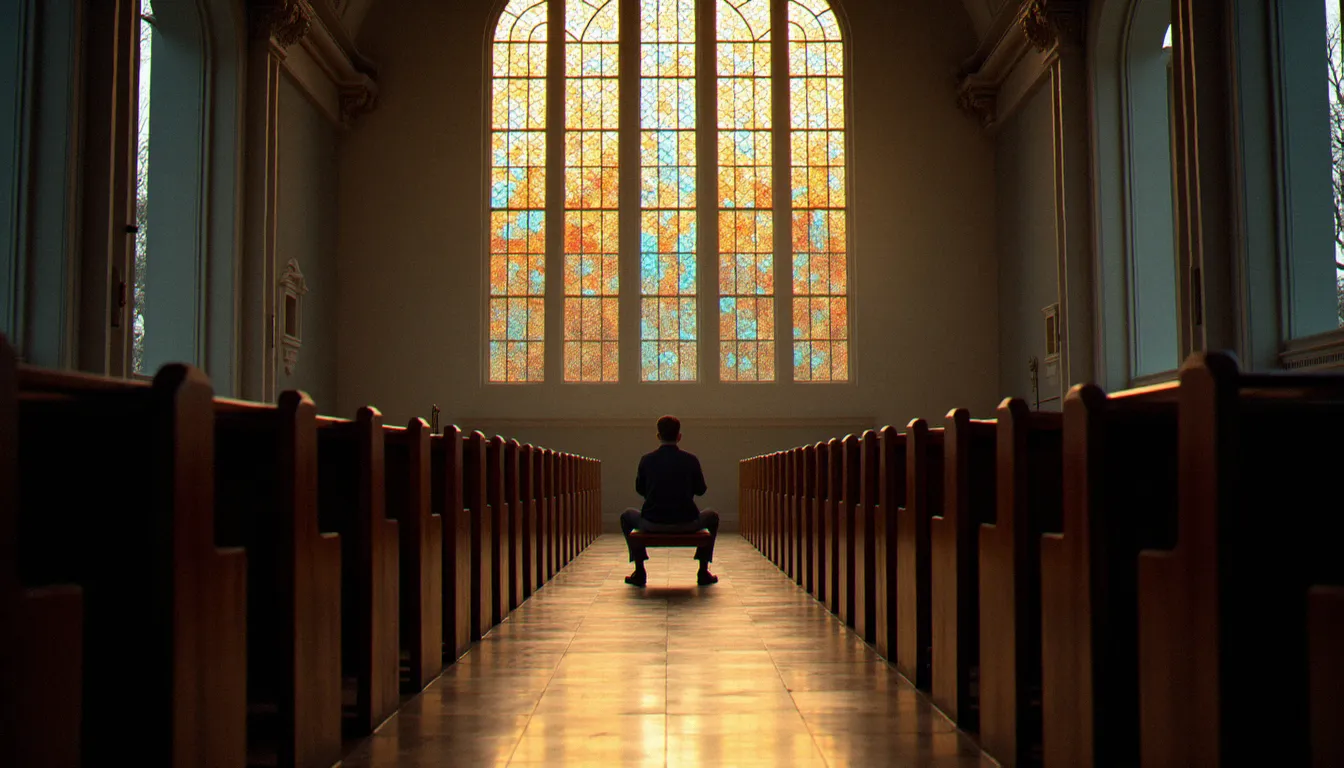 Intérieur d'une église protestante parisienne avec une lumière filtrée par des vitraux, lieu de recueillement et de méditation