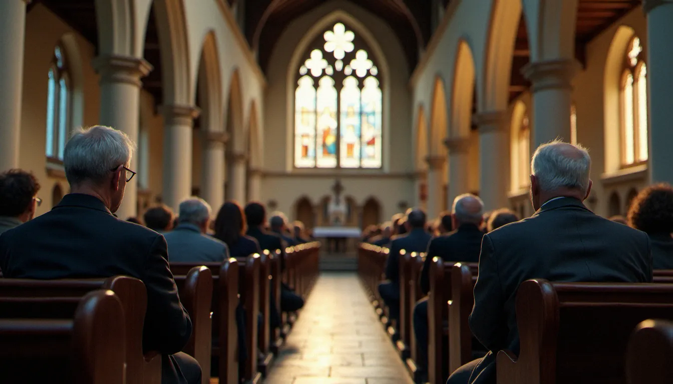 Fidèles ordinaires dans une église catholique belge pendant la messe, illustrant l'observation ethnographique d'Albert Piette sur le mode mineur de la pratique religieuse
