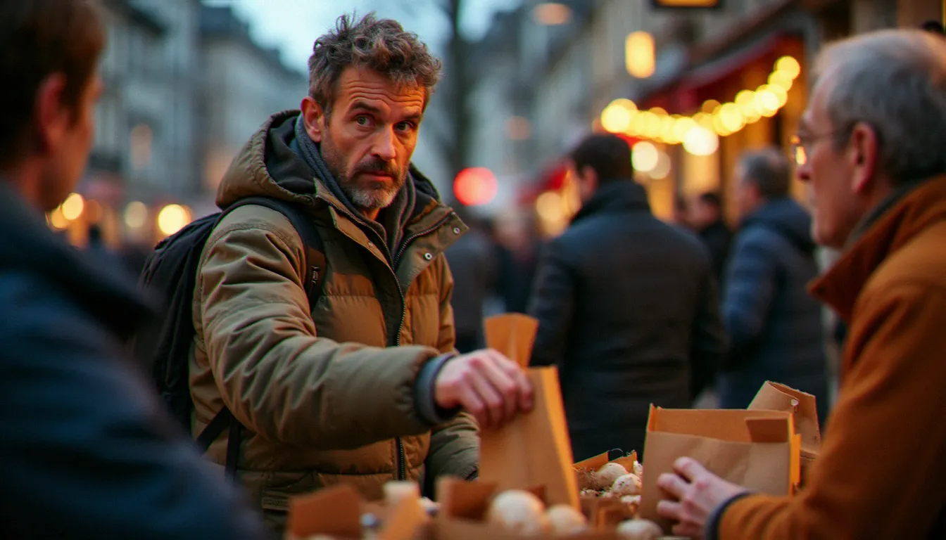 Bénévole fatigué mais présent distribuant de la nourriture dans une association solidaire à Nantes, incarnant l'existence ordinaire et la dignité du geste simple décrite par Albert Piette
