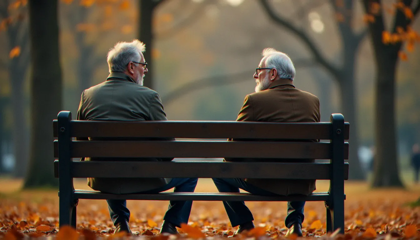 Deux hommes en conversation sincère sur un banc public en automne, illustrant la relation de parrainage au sein des Alcooliques Anonymes