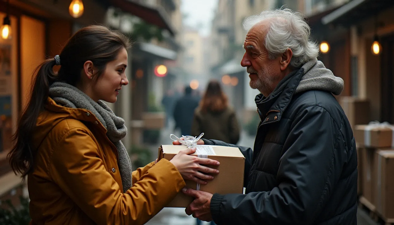 Bénévole remettant un colis alimentaire à une bénéficiaire dans un local associatif, incarnant les vertus concrètes de la solidarité explorées par André Comte-Sponville