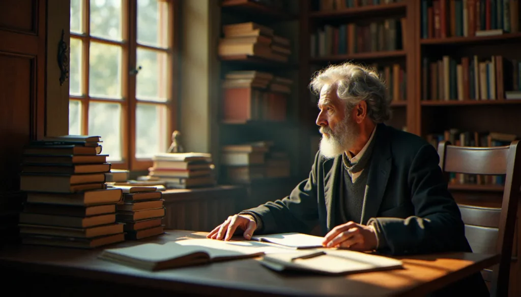 andre comte sponville featured Portrait d'un philosophe français en méditation dans son bureau, évoquant l'univers d'André Comte-Sponville et la philosophie comme art de vivre
