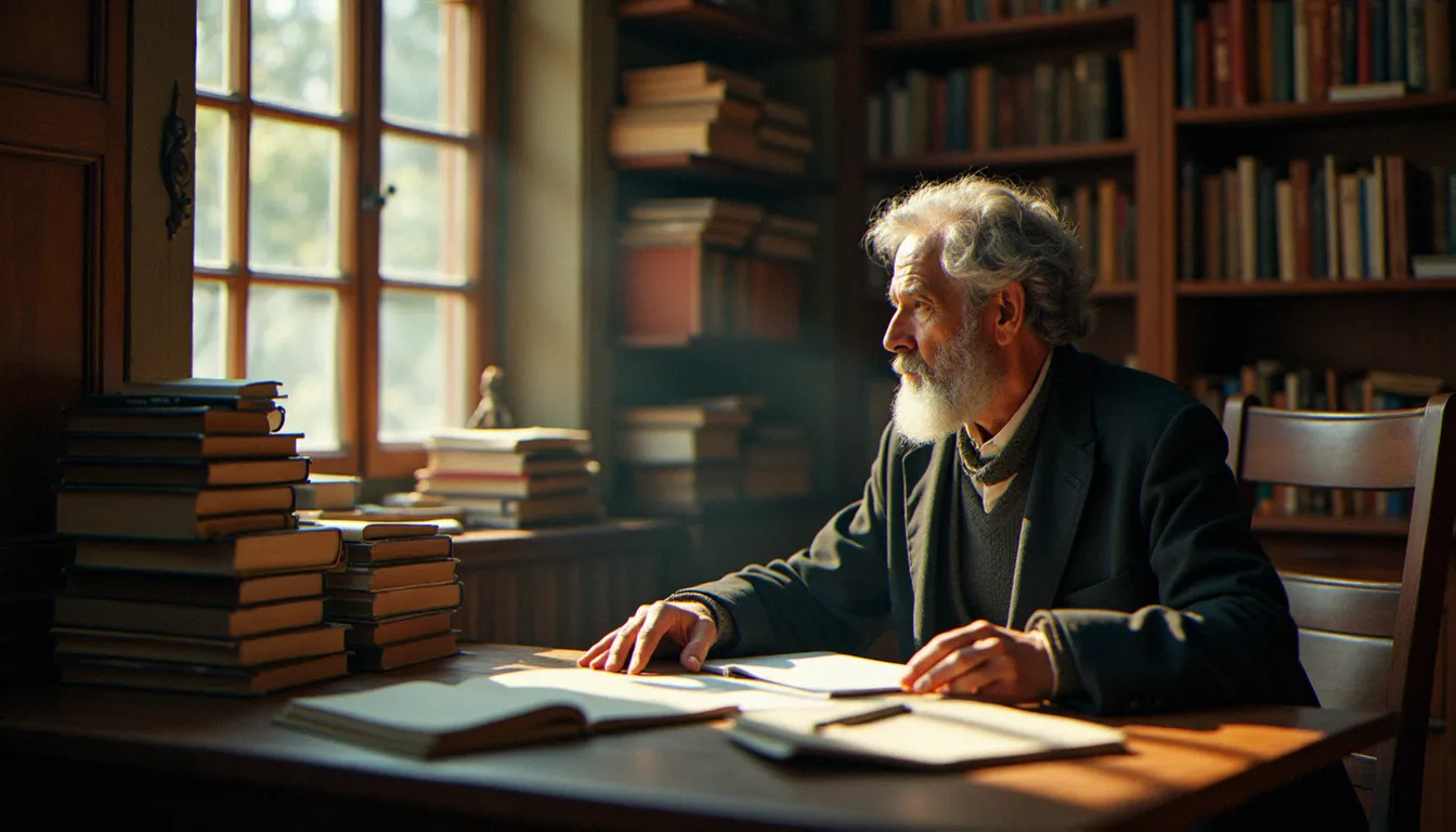 Portrait d'un philosophe français en méditation dans son bureau, évoquant l'univers d'André Comte-Sponville et la philosophie comme art de vivre