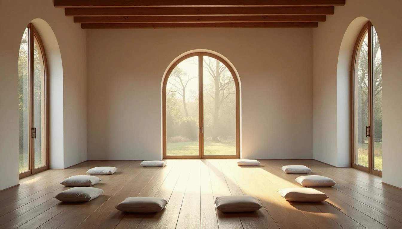Salle de méditation épurée dans un domaine rural ardéchois, évoquant l'atmosphère du domaine de Hauteville fondé par Arnaud Desjardins
