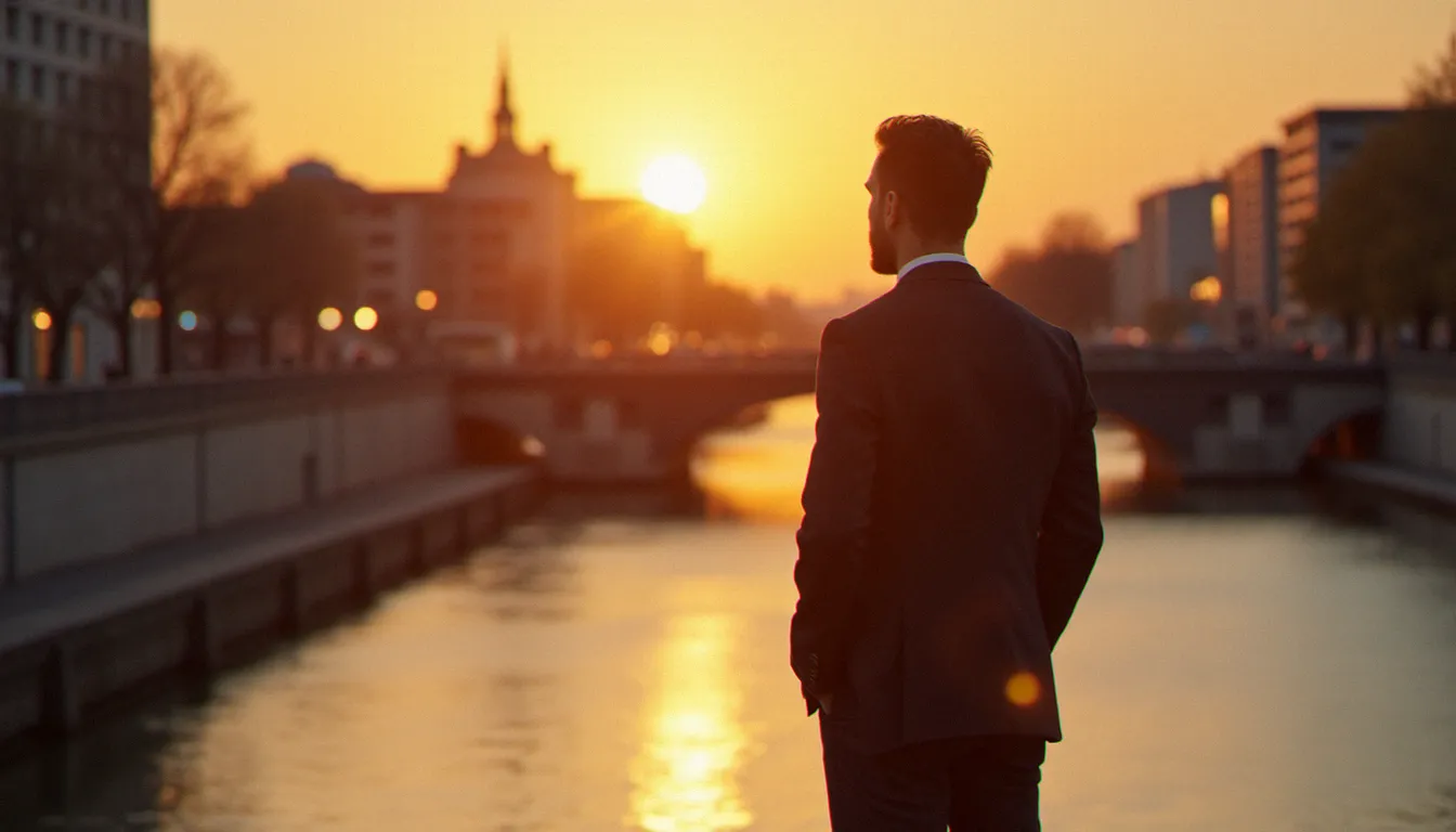 Un homme debout au bord de la Loire à Nantes au coucher du soleil, figure contemplative de la condition humaine et de la recherche de sens