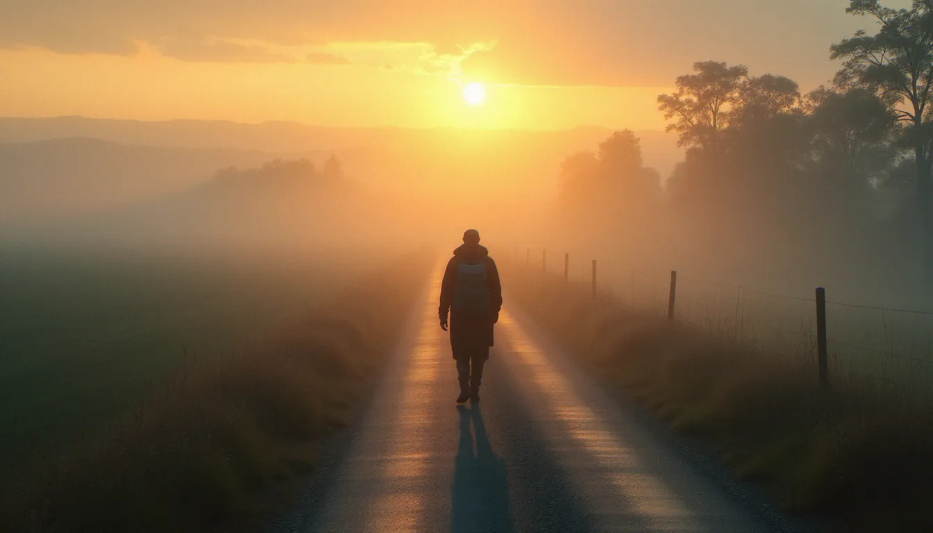 Un pèlerin solitaire marchant sur un chemin rural au lever du jour, figure centrale de la pensée de Danièle Hervieu-Léger sur la religiosité contemporaine