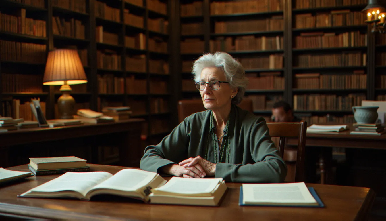Une chercheuse française assise à un bureau de bibliothèque entouré de livres ouverts, évoquant le travail intellectuel de Danièle Hervieu-Léger sur la sociologie des religions
