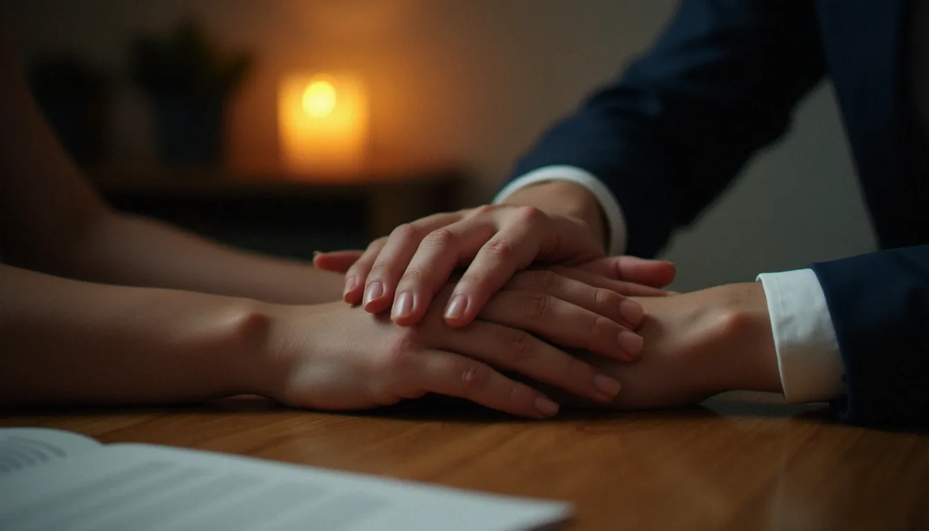 Mains posées l'une sur l'autre lors d'une consultation, symbolisant l'écoute et la confiance dans une rencontre avec un médium