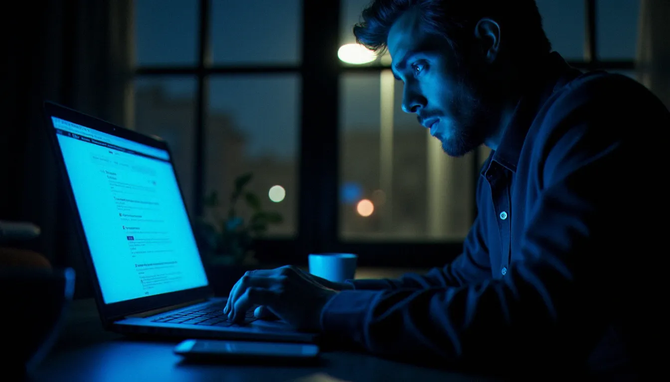 Personne consultant des avis en ligne sur un médium tard le soir, illustrant la difficulté de distinguer les témoignages fiables des faux avis