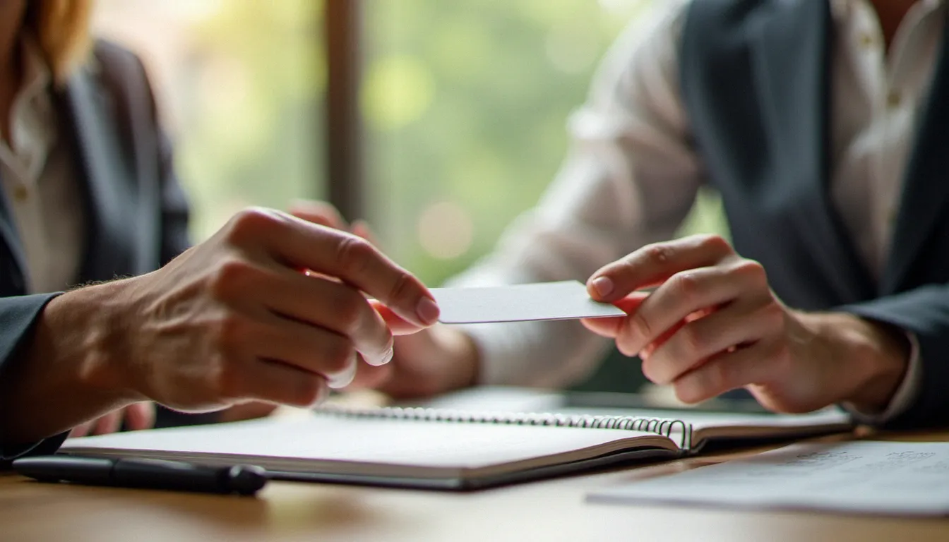 Échange d'une carte de contact sur un bureau en bois, symbolisant la transparence et le sérieux dans le choix d'un médium