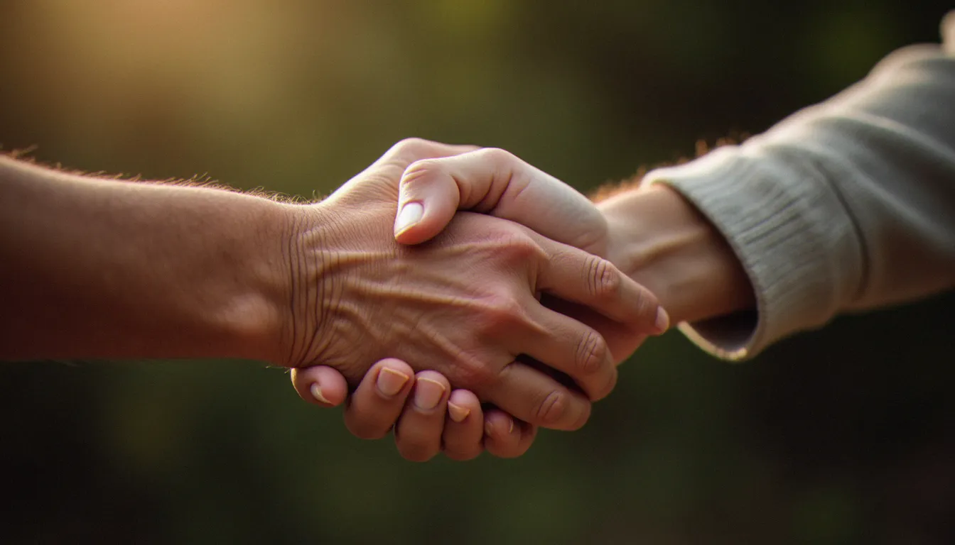 Deux mains, l'une âgée et l'autre jeune, se serrent dans un geste de solidarité et de soutien mutuel