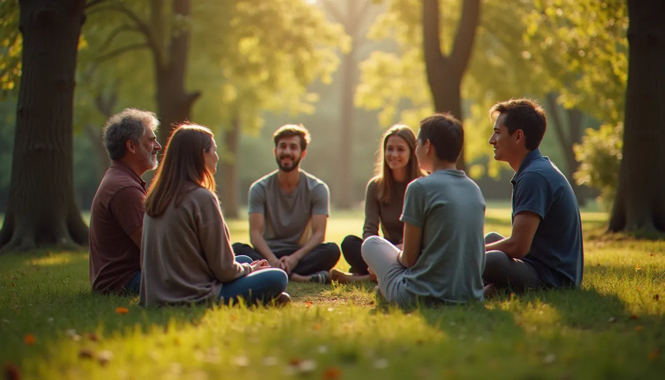 Un groupe de disciples apprend ensemble en plein air, assis en cercle.