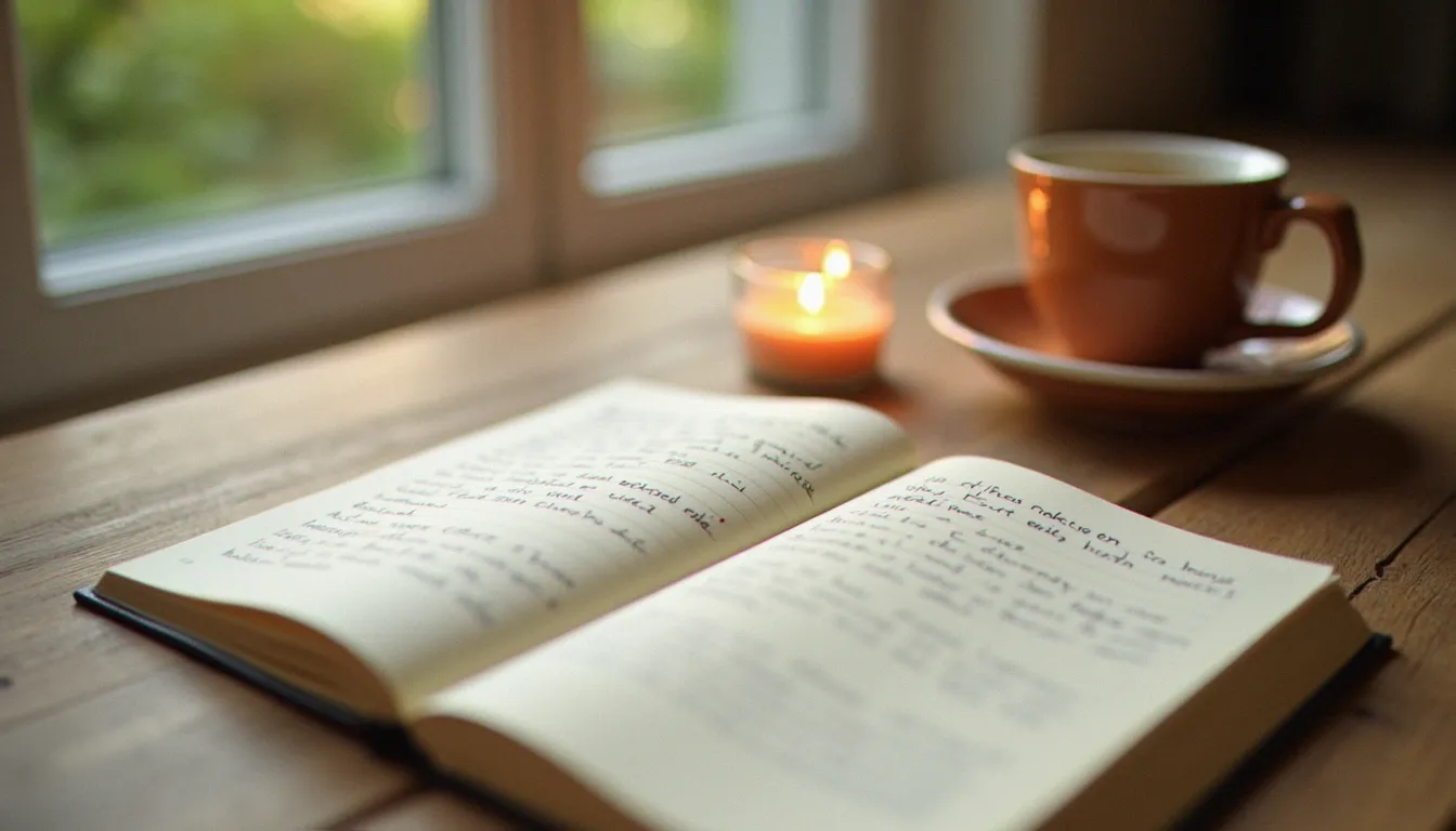 Un carnet ouvert, une tasse de thé et une bougie sur une table près d'une fenêtre, pour un moment de réflexion intérieure