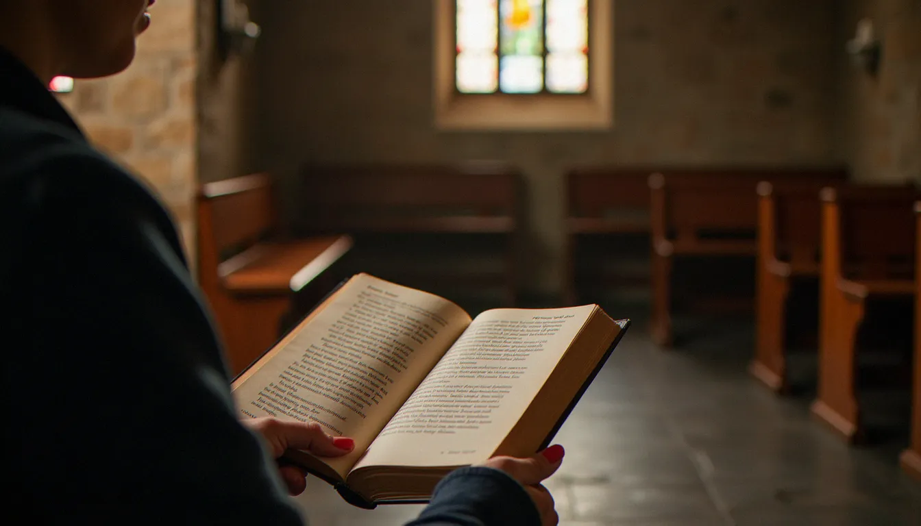 Lectrice assise dans une église, concentrée sur un petit recueil de paroles spirituelles à la lumière des vitraux