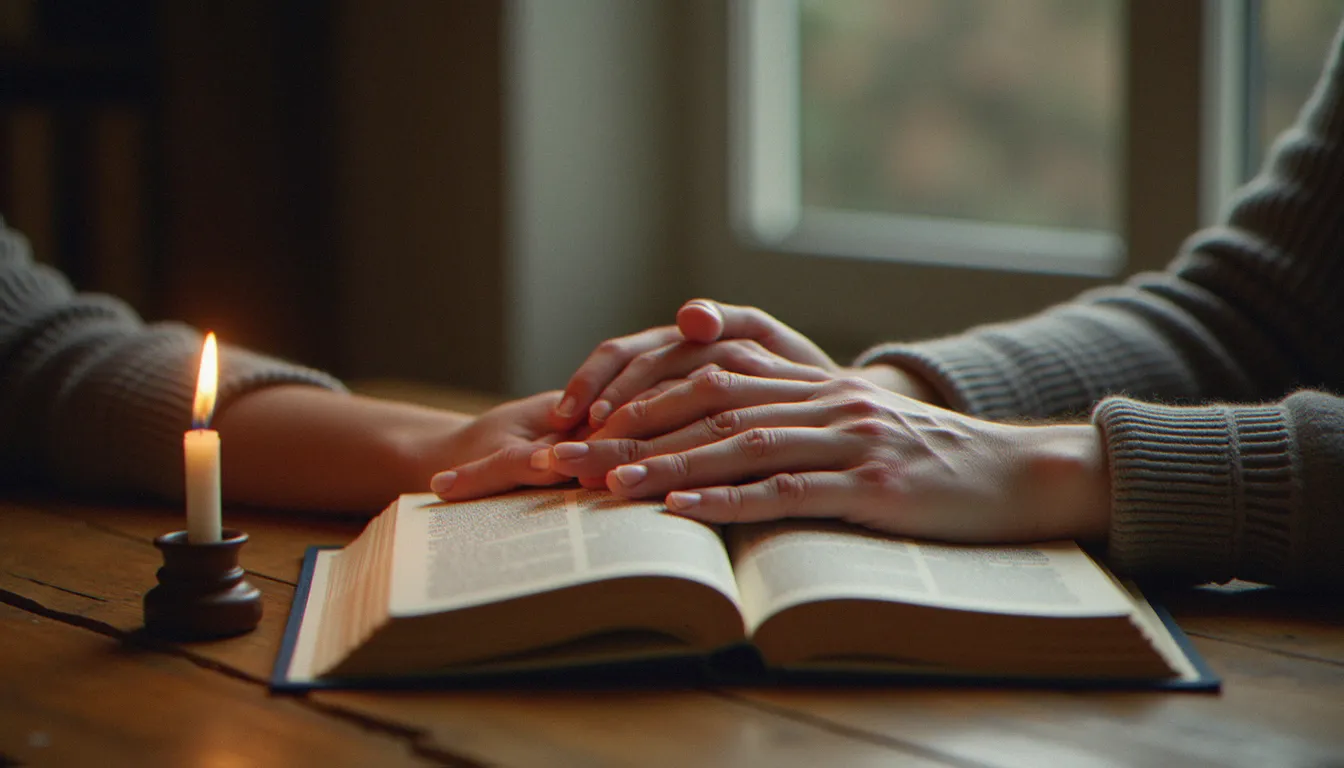 Deux mains, l'une âgée et l'autre plus jeune, posées sur un livre ouvert près d'une bougie, symbole des citations spiritualité partagées