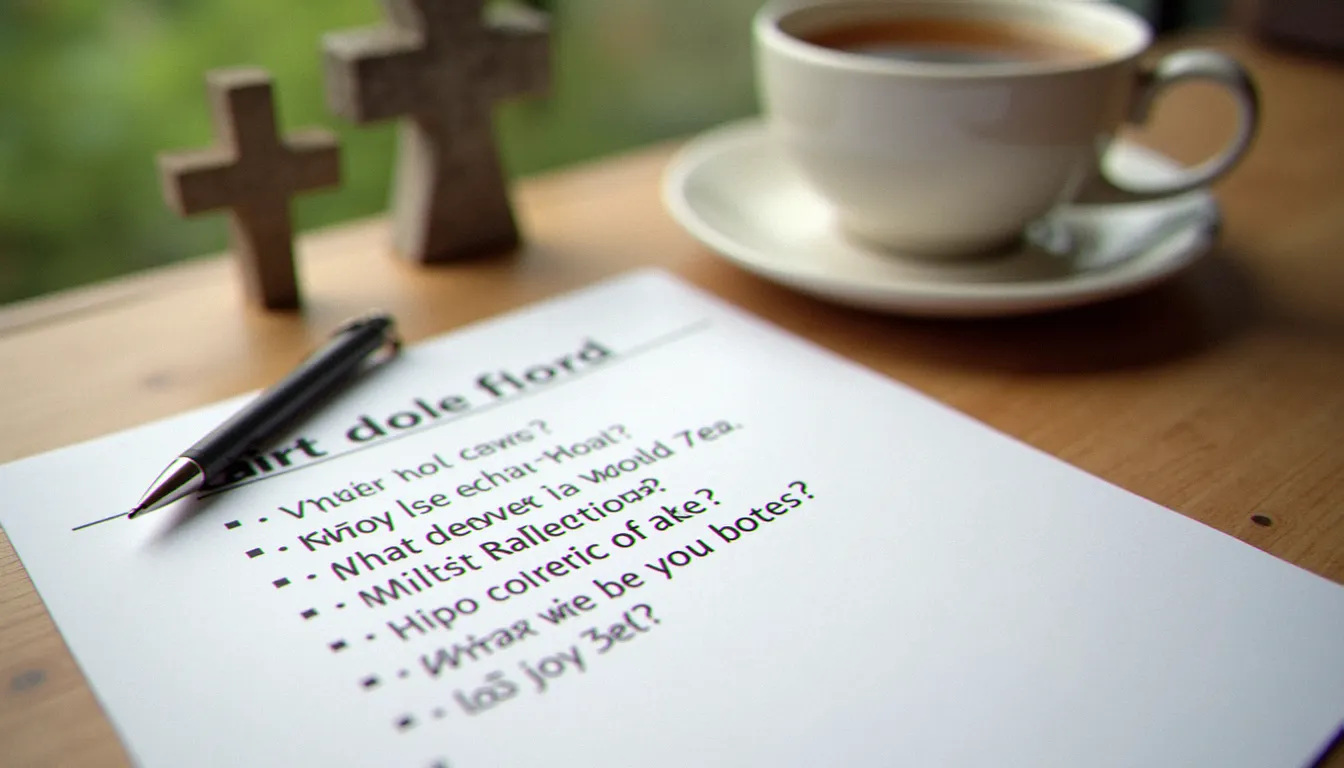 Feuille de questions manuscrites posée sur un bureau en bois avec une tasse de thé et une petite croix en pierre