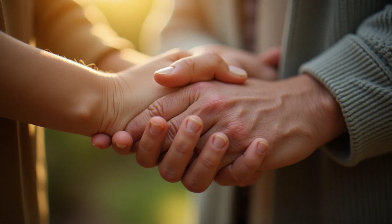 Mains jointes en geste de solidarité, représentant le lien spirituel entre les générations