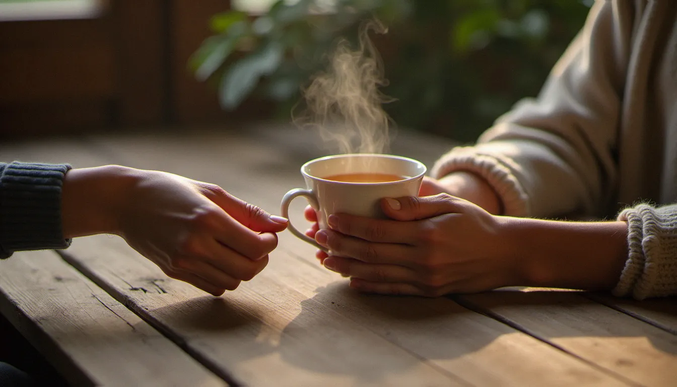 Un geste simple de service et d'attention, symbolisant l'esprit spirituelle dans la relation humaine.