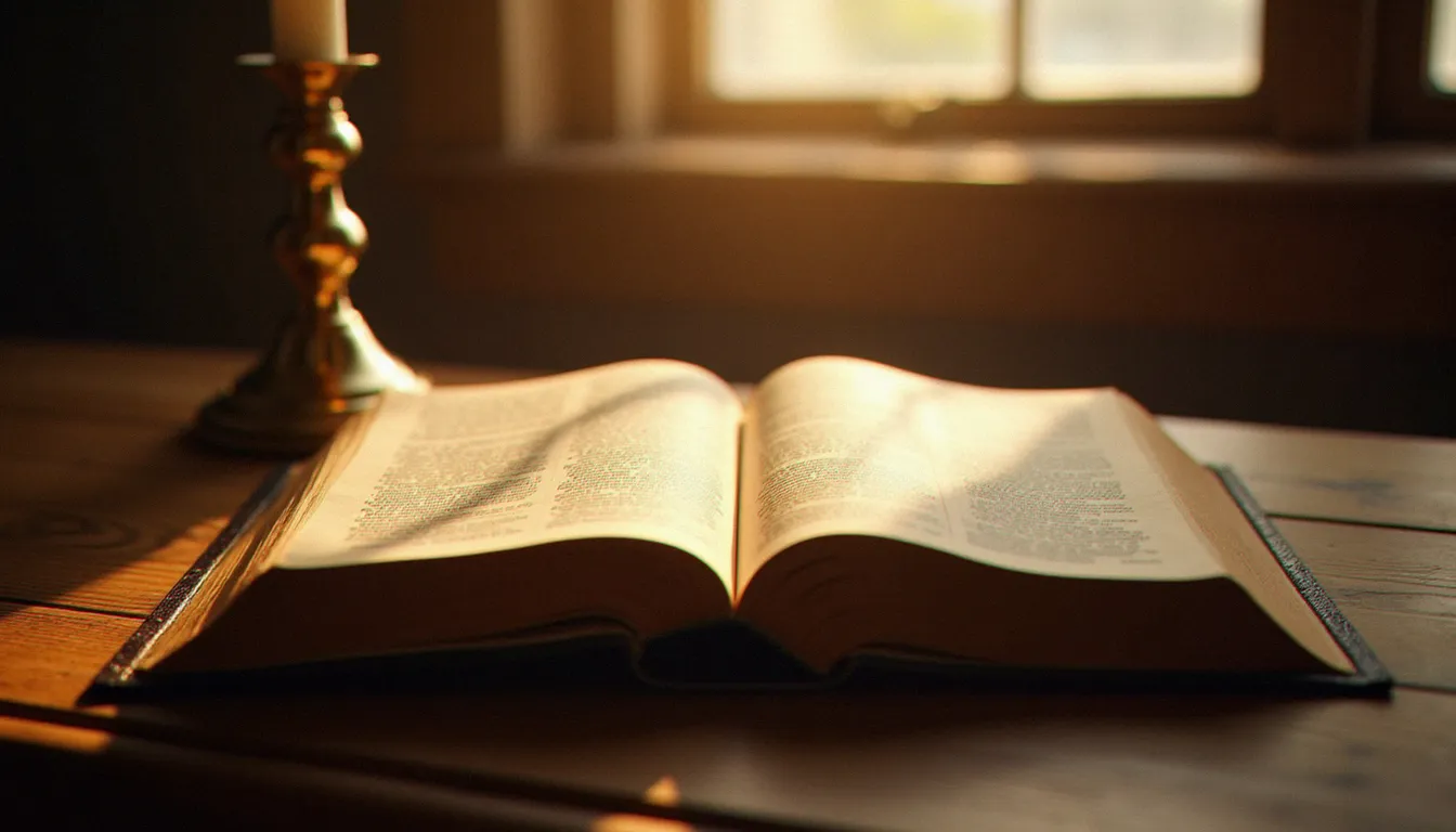 Une Bible ouverte sur une table en bois à la lumière d'une fenêtre, évoquant les anges et les êtres spirituels dans l'Écriture
