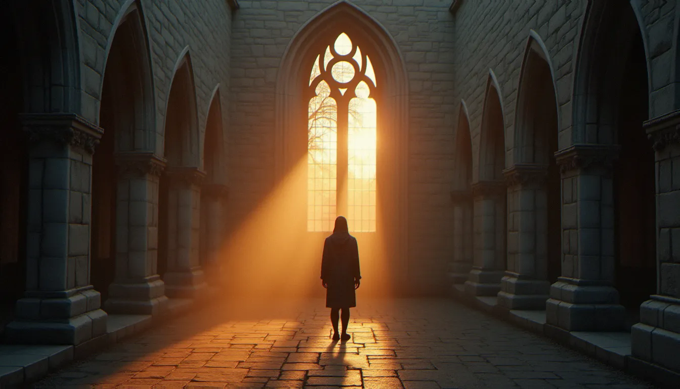 Une personne recueillie à l'aube devant une chapelle de pierre, illustrant la réflexion sur les êtres spirituels