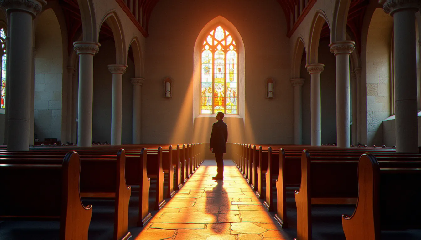 Vitrail d'une église ancienne éclairant des bancs de bois, rappelant le rôle des images dans la transmission de la foi