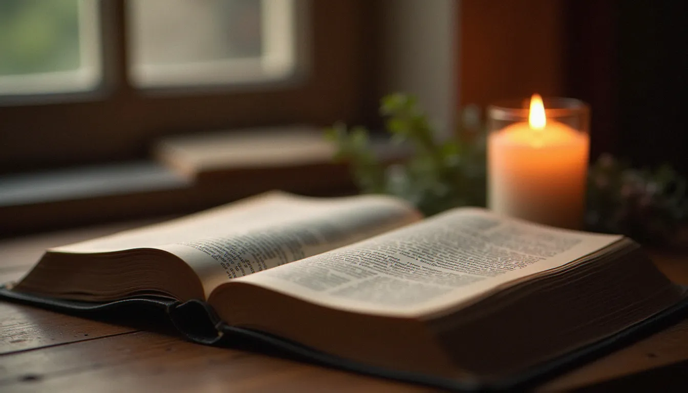 Bible ancienne ouverte posée sur une table en bois près d'une bougie allumée, évoquant la tradition du huitième jour