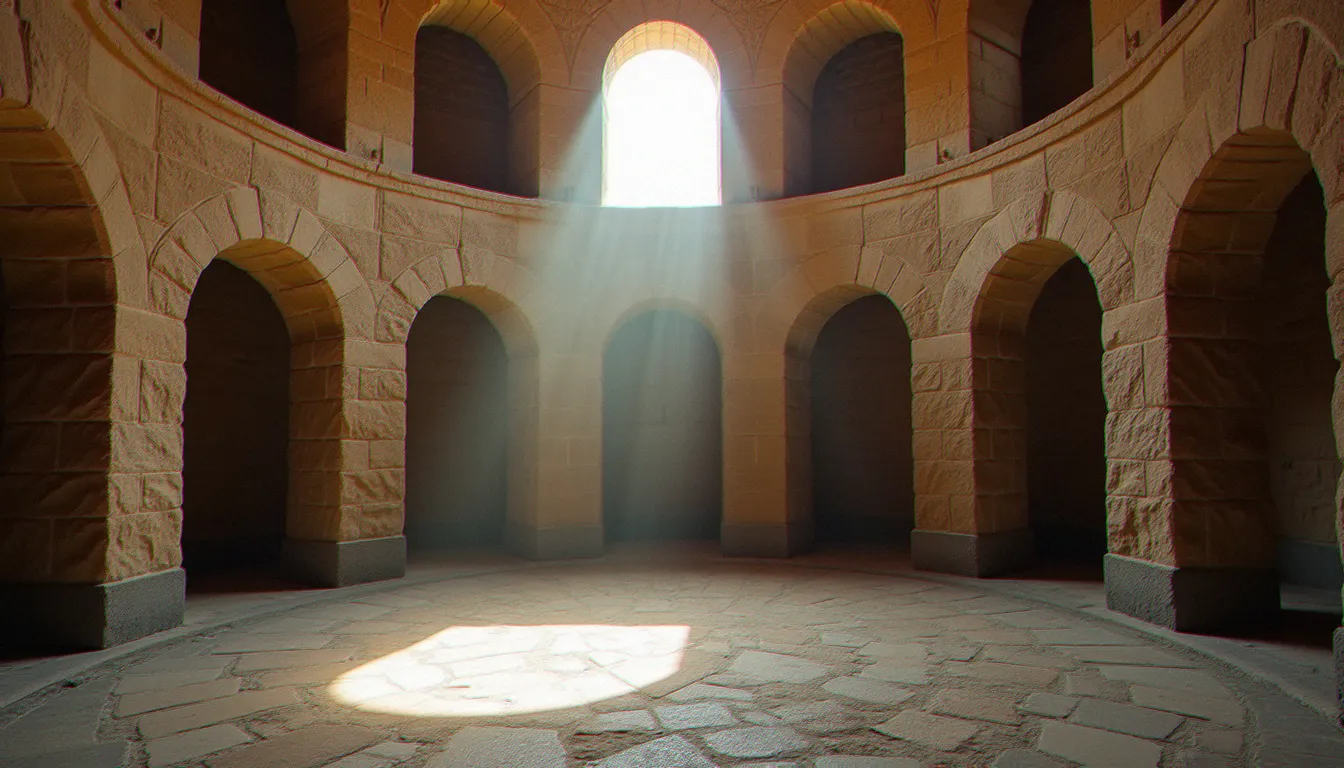 Intérieur d'un baptistère octogonal en pierre baigné de lumière matinale, illustrant le chiffre 8 en spiritualité
