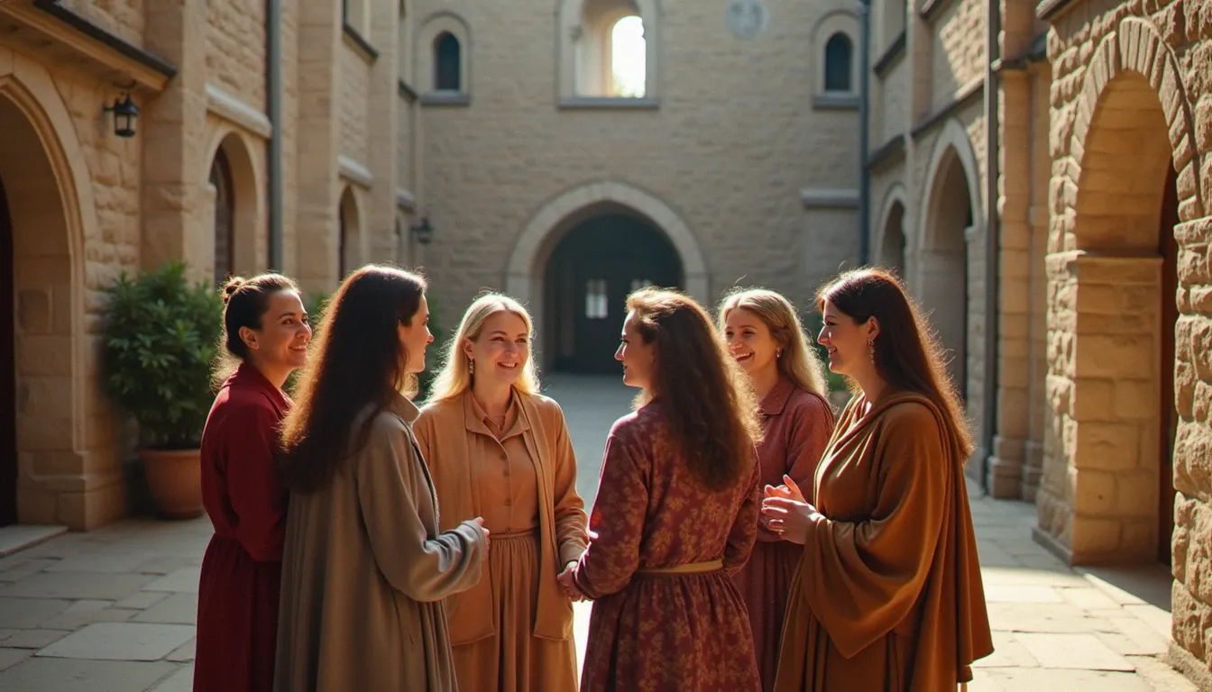 Un groupe de femmes de tous âges conversant dans la cour d'un ancien monastère, symbole de la transmission entre grandes figures spirituelles