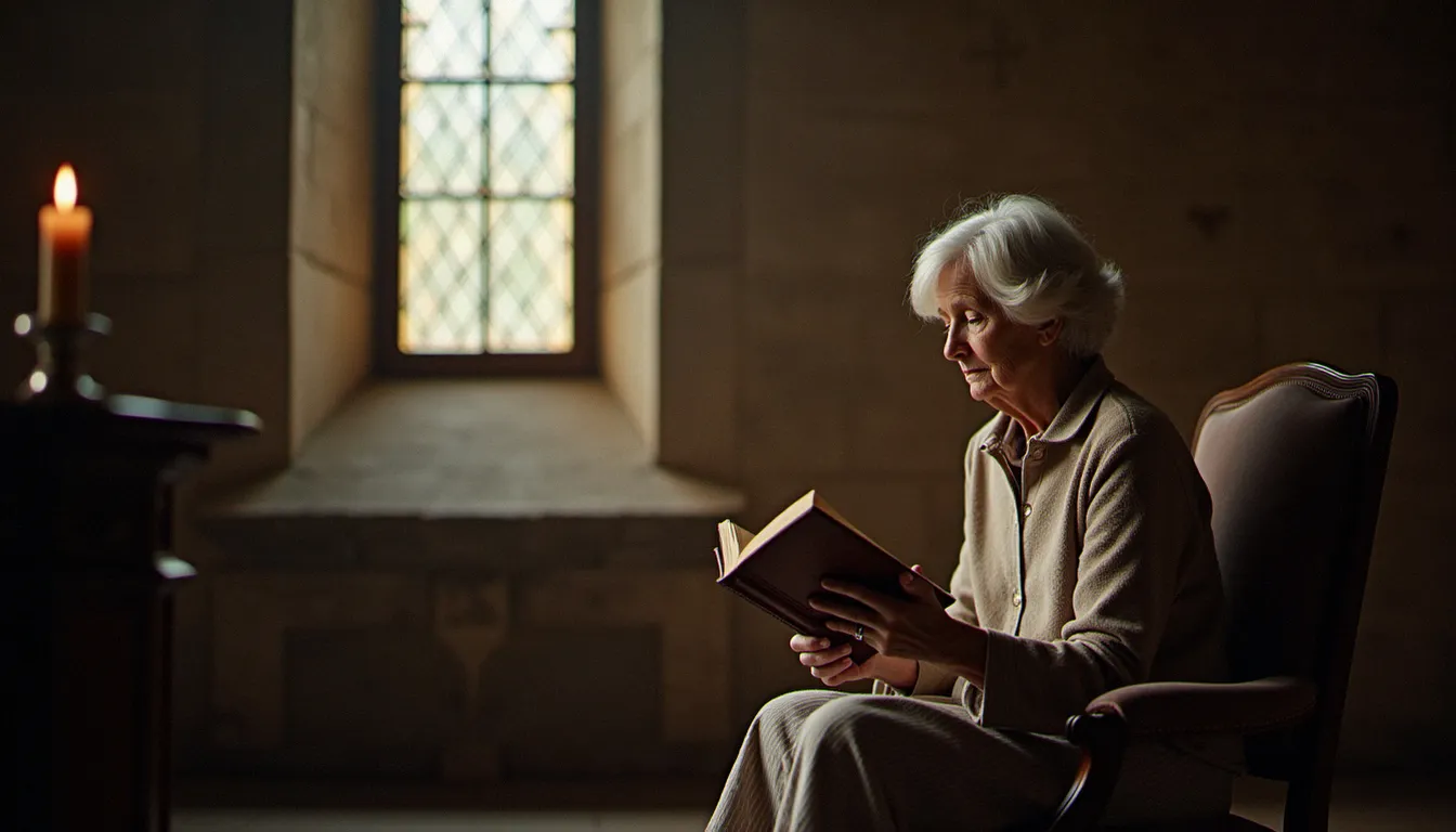 Une femme lisant un livre dans une chapelle de pierre éclairée par la lumière du matin, image évoquant les spirituelles et la vie intérieure
