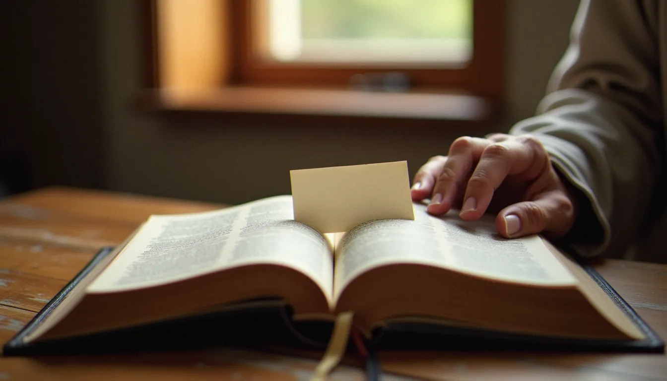Une main posée sur une Bible ouverte avec une petite carte glissée entre les pages, symbole d'un mot spirituel offert