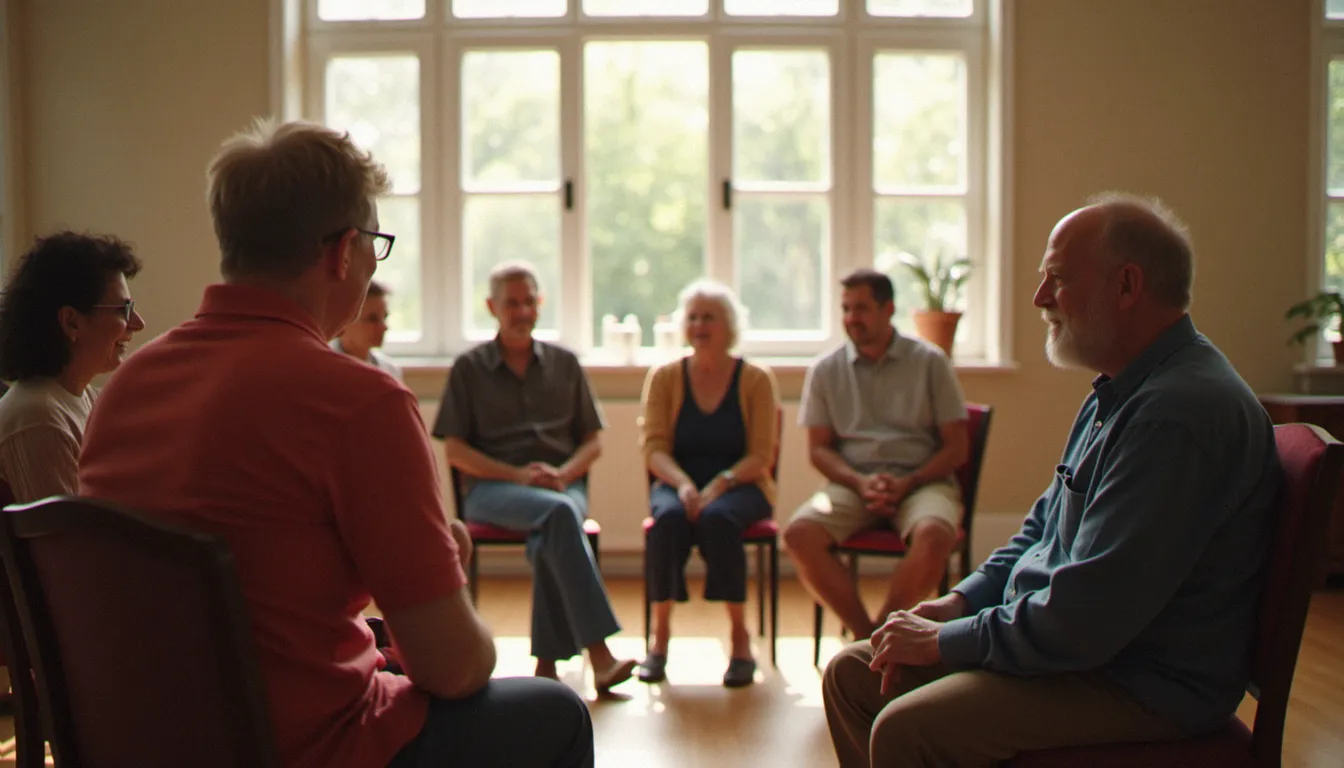 Groupe de personnes de tous âges réunies en cercle dans une salle associative pour échanger et s'écouter