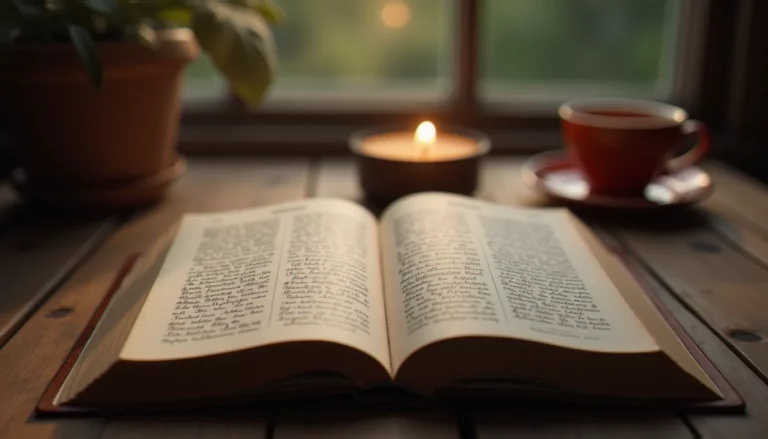 Livre ancien ouvert près d'une bougie sur une table en bois, évoquant la lecture des mots spirituel