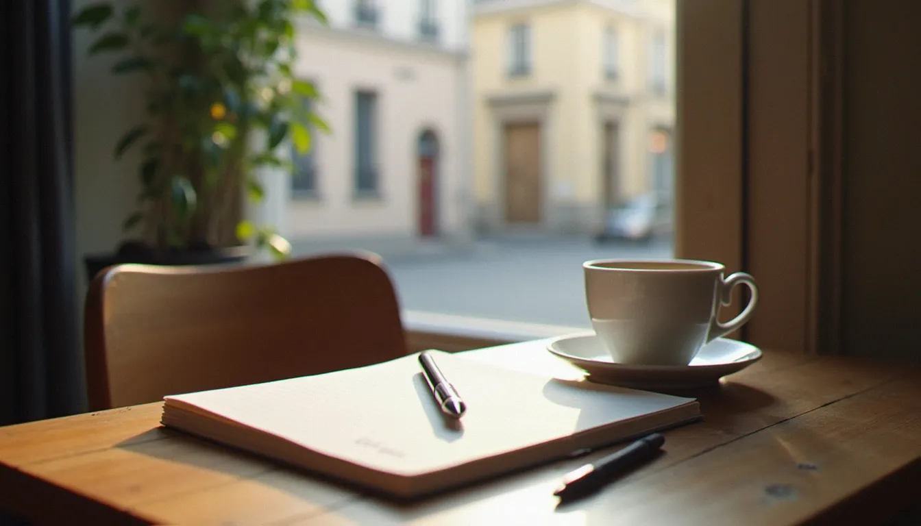 Carnet ouvert, stylo et tasse de thé sur un bureau en bois près d'une fenêtre, pour noter les mots de foi qui comptent