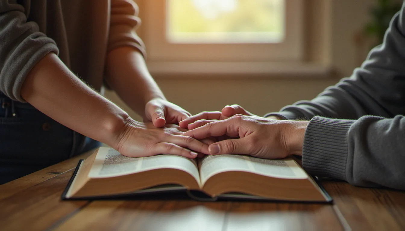 Deux mains, l'une âgée et l'autre plus jeune, posées ensemble sur une Bible ouverte, évoquant les mots spirituels partagés