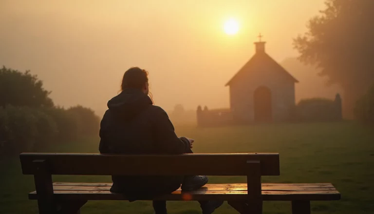 Une personne assise en silence sur un banc au lever du jour dans un jardin brumeux, image évoquant la quête du new age spirituel