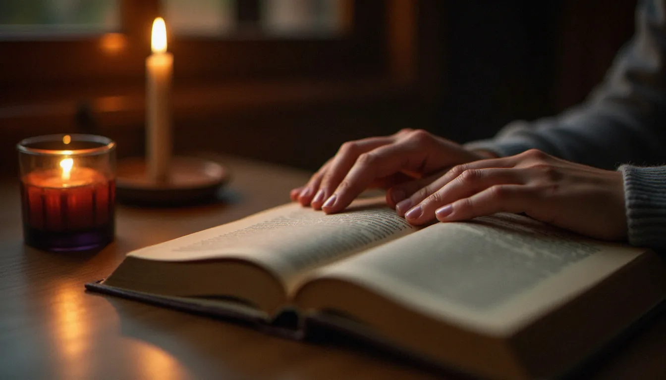 Des mains posées sur un livre ouvert près d'une bougie, symbole des signes de la vie intérieure