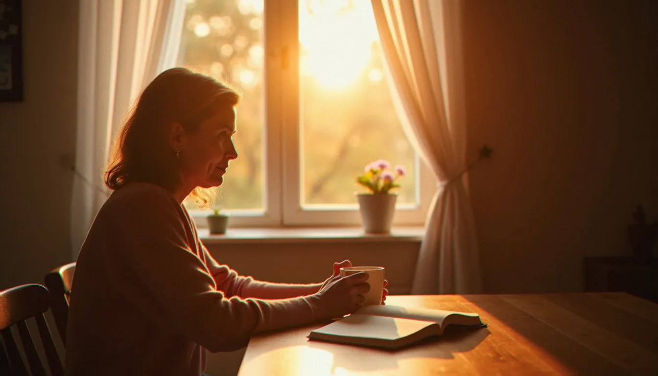 Une femme assise près d'une fenêtre à l'aube, en moment de silence, illustrant le quotidien d'une personne spirituel