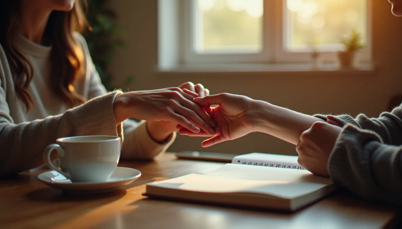 Deux mains qui se rejoignent au-dessus d'une table, symbole d'écoute et d'attention aux autres
