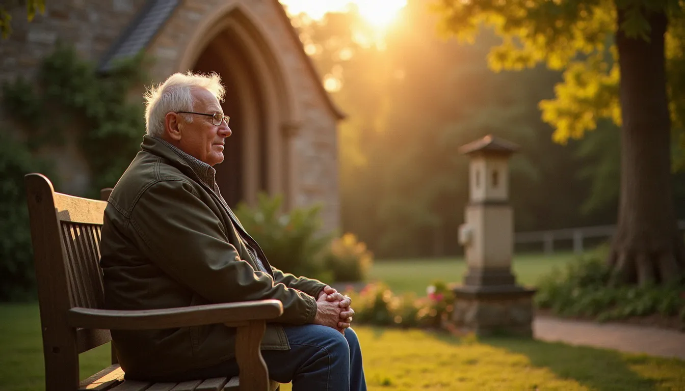Une personne spirituelle assise en silence dans le jardin d'une chapelle au lever du jour