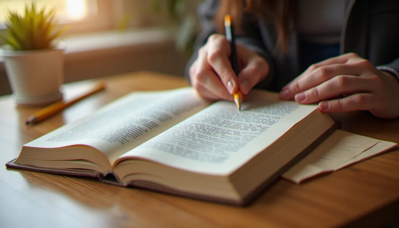 Des mains feuilletant un dictionnaire pour comparer les synonymes du mot spirituelle
