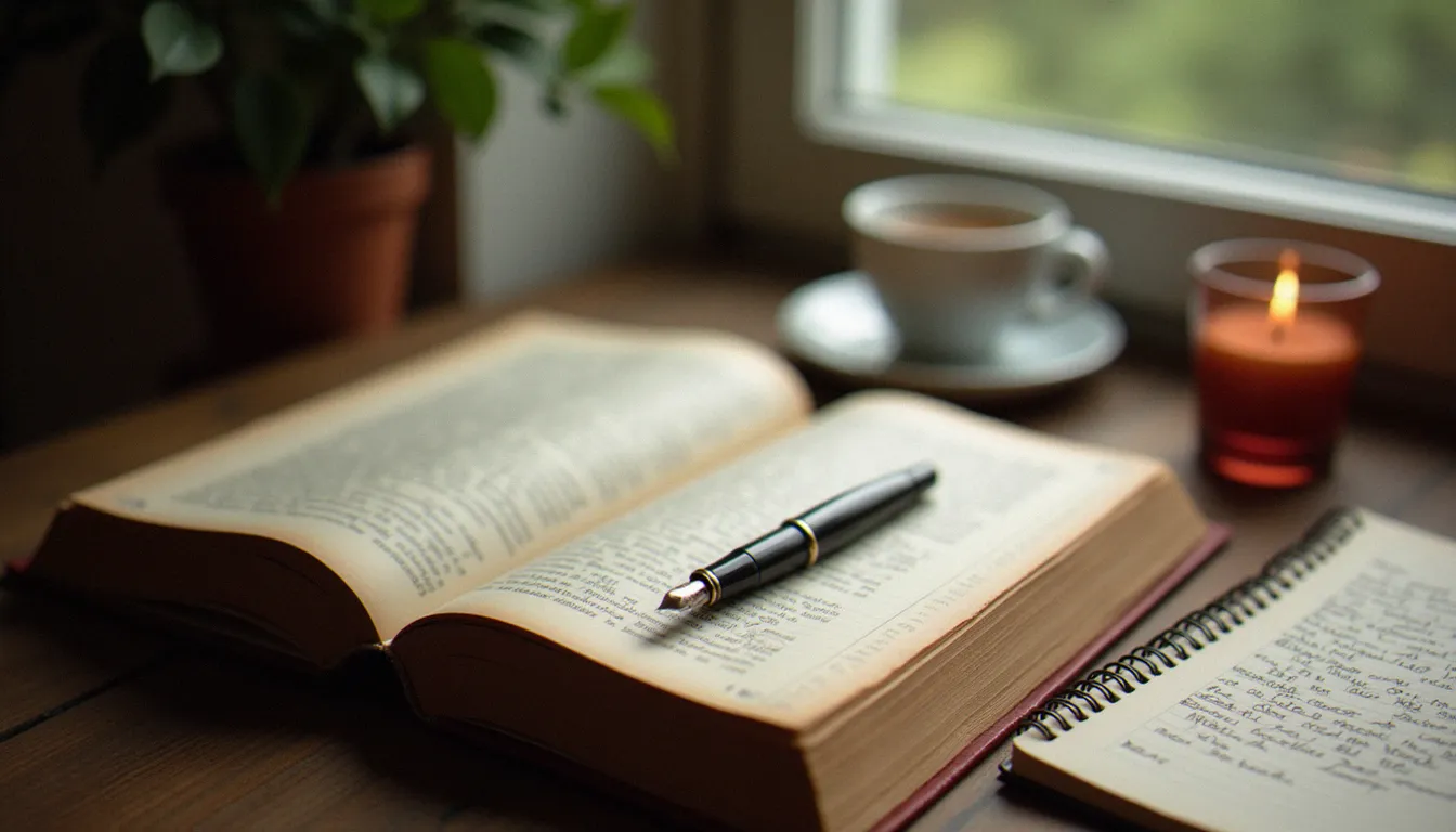 Un livre ouvert et un carnet posés sur une table en bois à la lumière du matin, symbole de la réflexion autour du mot spirituelle et de son synonyme