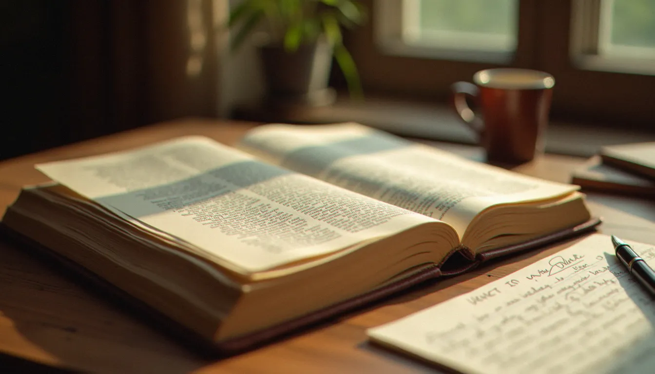 Un dictionnaire ancien ouvert sur un bureau en bois, avec un stylo-plume, pour explorer le sens et l'origine du mot spiritualité